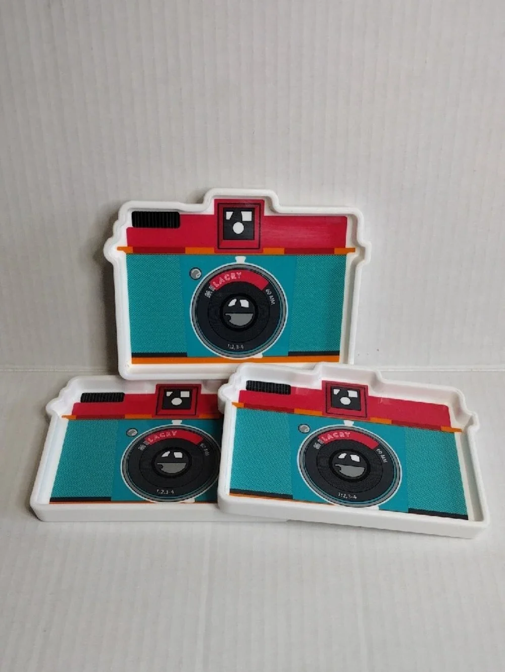 Target Retro Camera Shaped Appetizer Plates 2011 Plastic Set of 3 Teal, Red